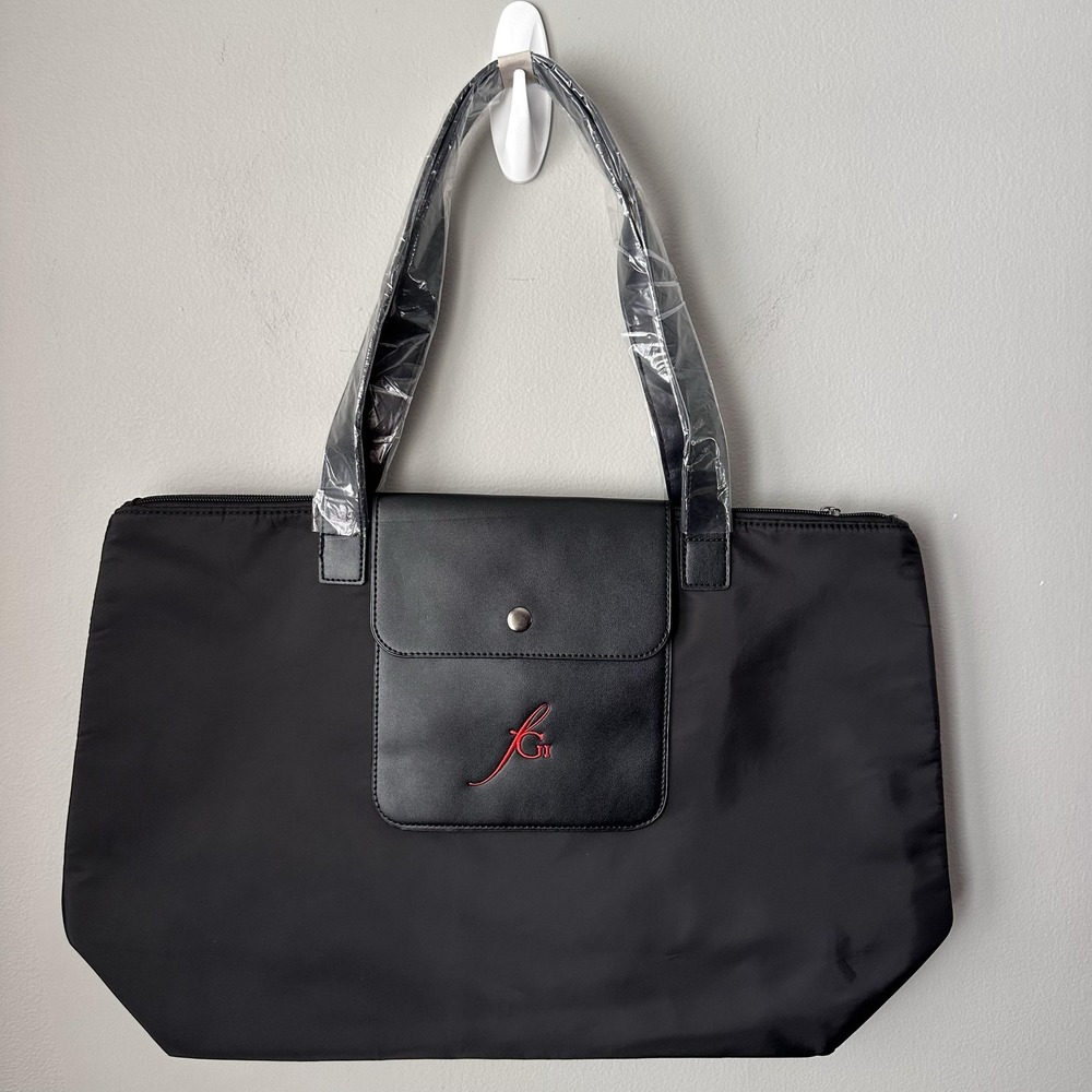 Black Nylon Tote Bag Faux Leather Trim Zip Top‎ Red Logo Large Shoulder Bag